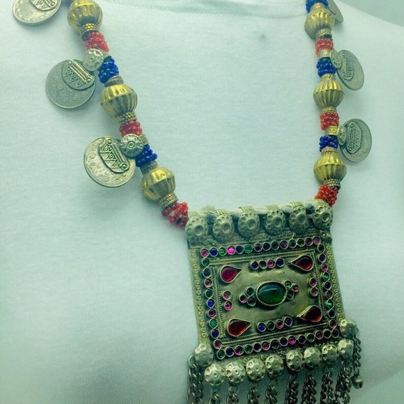 Red and Blue Beaded Pendant NecklaceBohemian Necklace - Picture 3 of 9